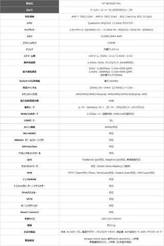 RT-BE3600J Proの仕様一覧表