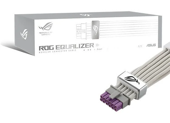 ROG-EQUALIZER-WHITEの製品パッケージと、白と紫のデュアルカラーコネクタを備えた12V-2x6 PCIe電源ケーブル