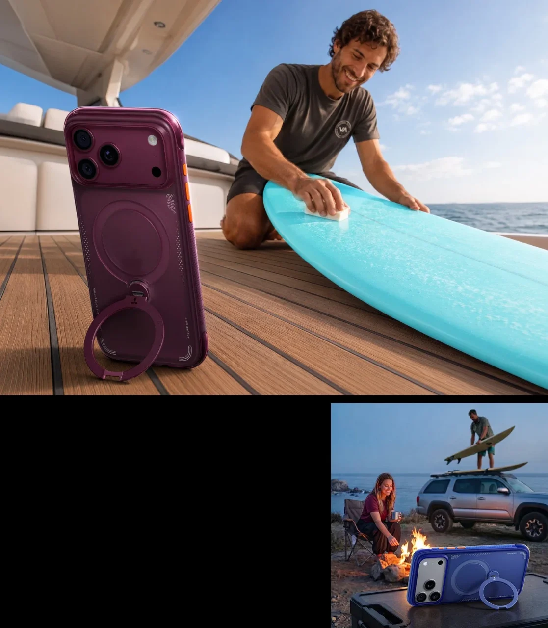 Ostand Q3 Airのスタンド機能とアウトドア利用シーンを示す画像