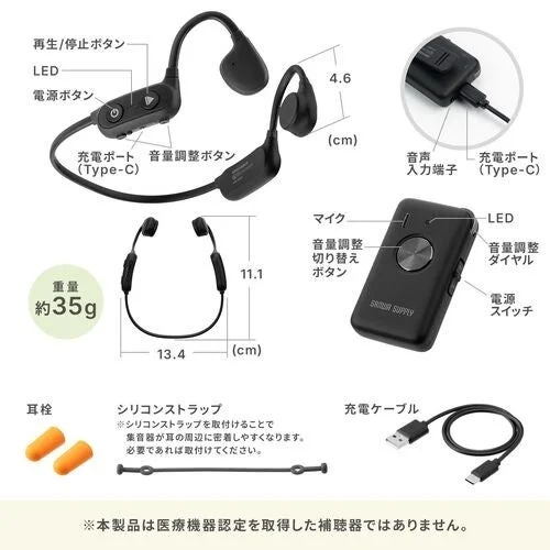 骨伝導集音器400-HABC2の製品仕様図。本体、リモートマイク、付属品の各部名称と寸法・重量を示す。