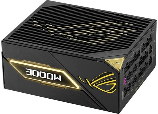 ROG-THOR-3000T3-GAMING-20THの黒い電源ユニット。前面に3000Wの表示とROGロゴ。