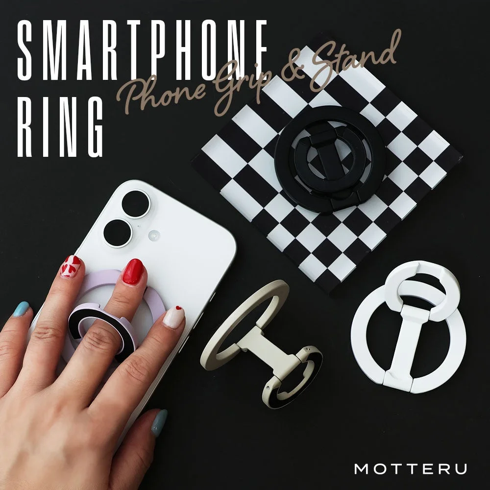 MOT-SRING02スマホリングスタンドの複数色とスマホ装着例