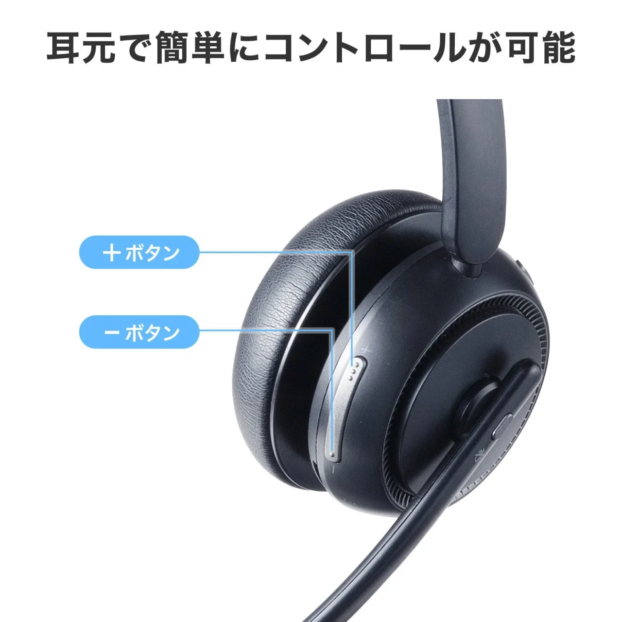MM-BTMH75BKのイヤーパッド側面の＋ボタンと－ボタンを示す図