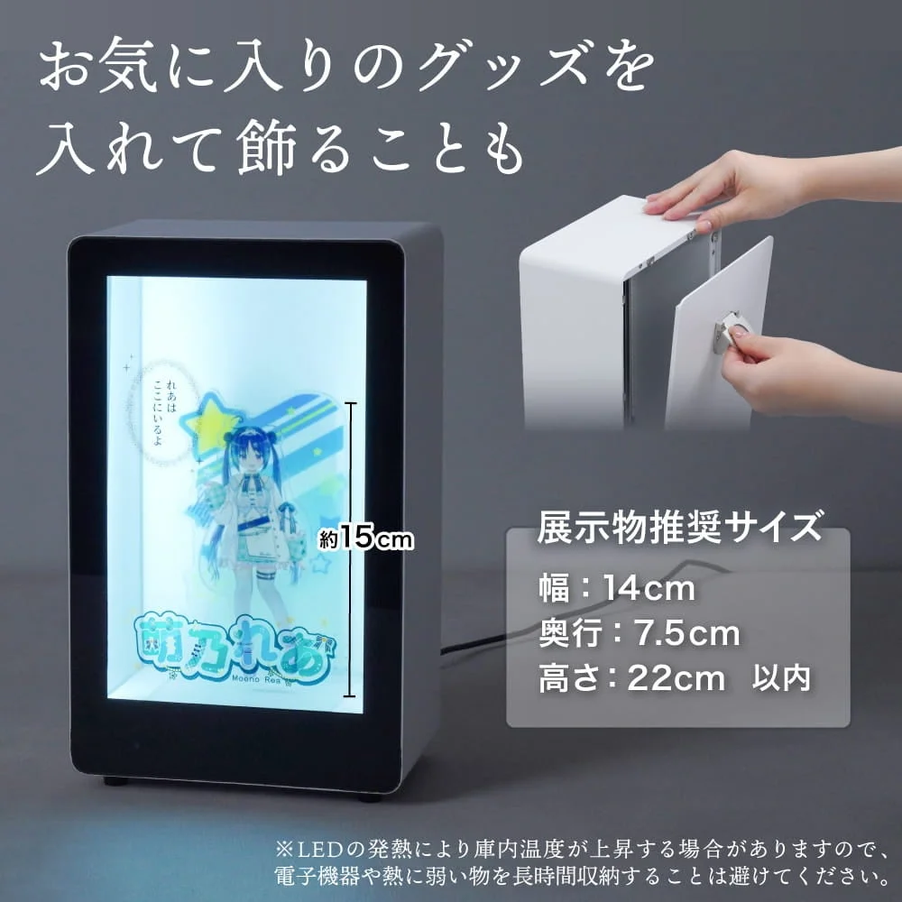 箱庭サイネージにグッズを飾る様子と展示物推奨サイズ