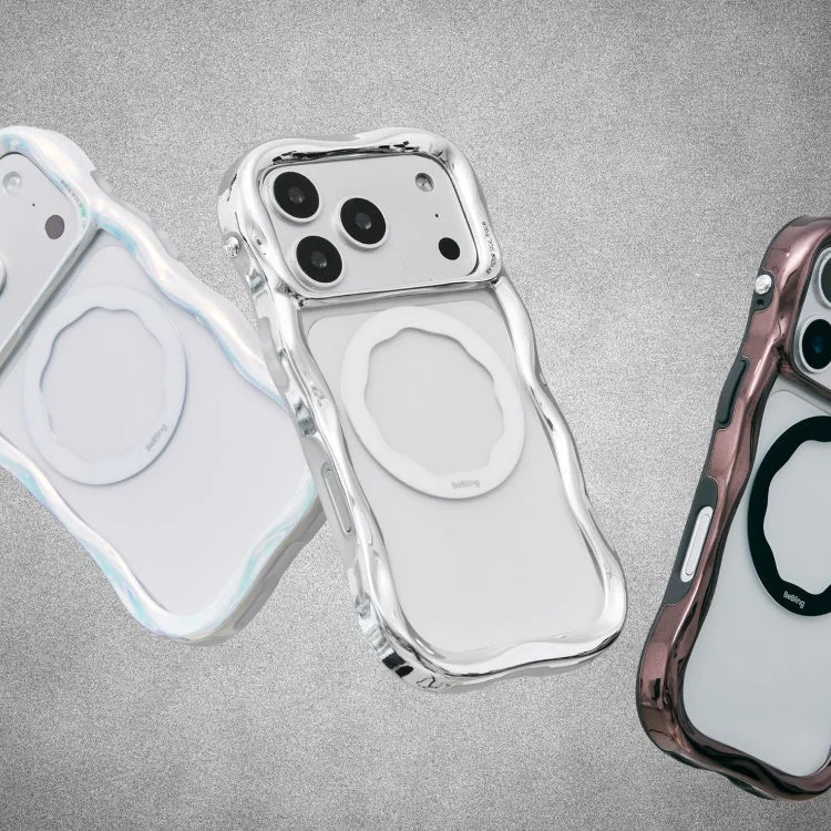 BeBlingスマホケース3種。3Dウェーブ形状のシルバー、白、ピンクのケース