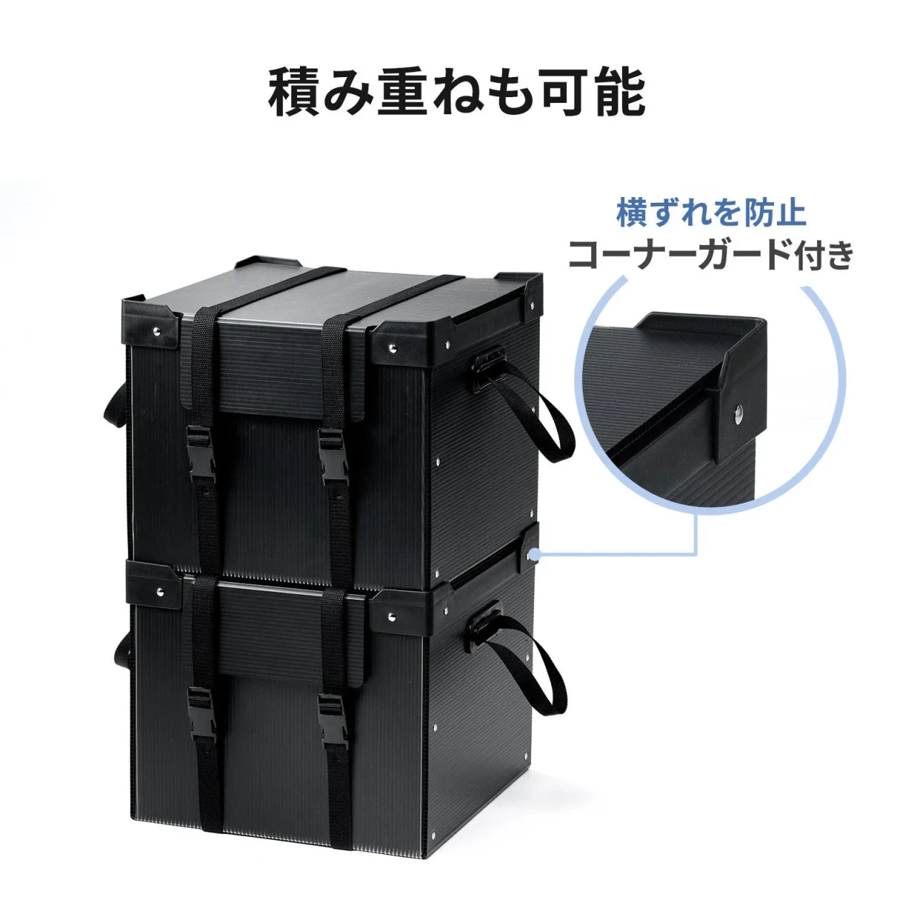 積み重ね可能なプラダン製収納ケースとコーナーガード