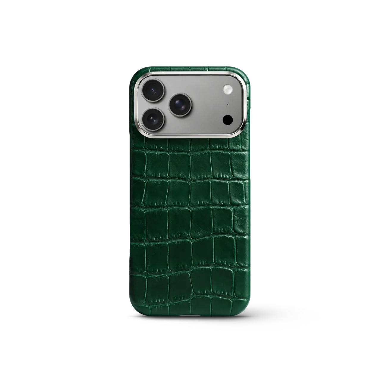 iPhone Case 17/18 - Alligator - Greenの背面。緑色のアリゲーターレザーとメタルフレーム。