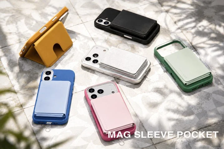 MAG SLEEVE POCKETの6色バリエーションをスマホに装着した状態で並べた写真