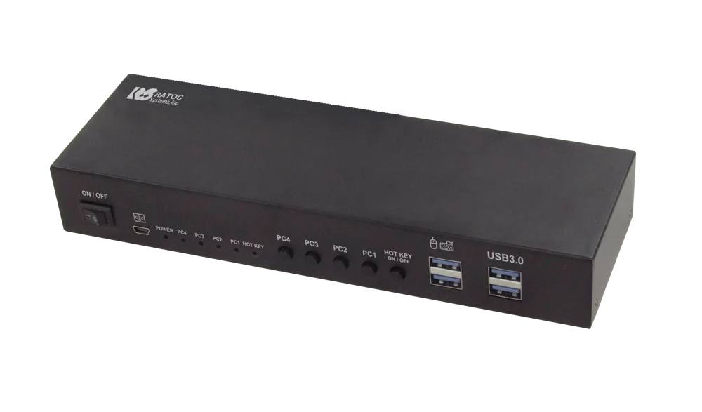 RS-460UH2-4Kの本体前面。PC1〜PC4の切替ボタン、USB3.0ポート、RATOCロゴが
