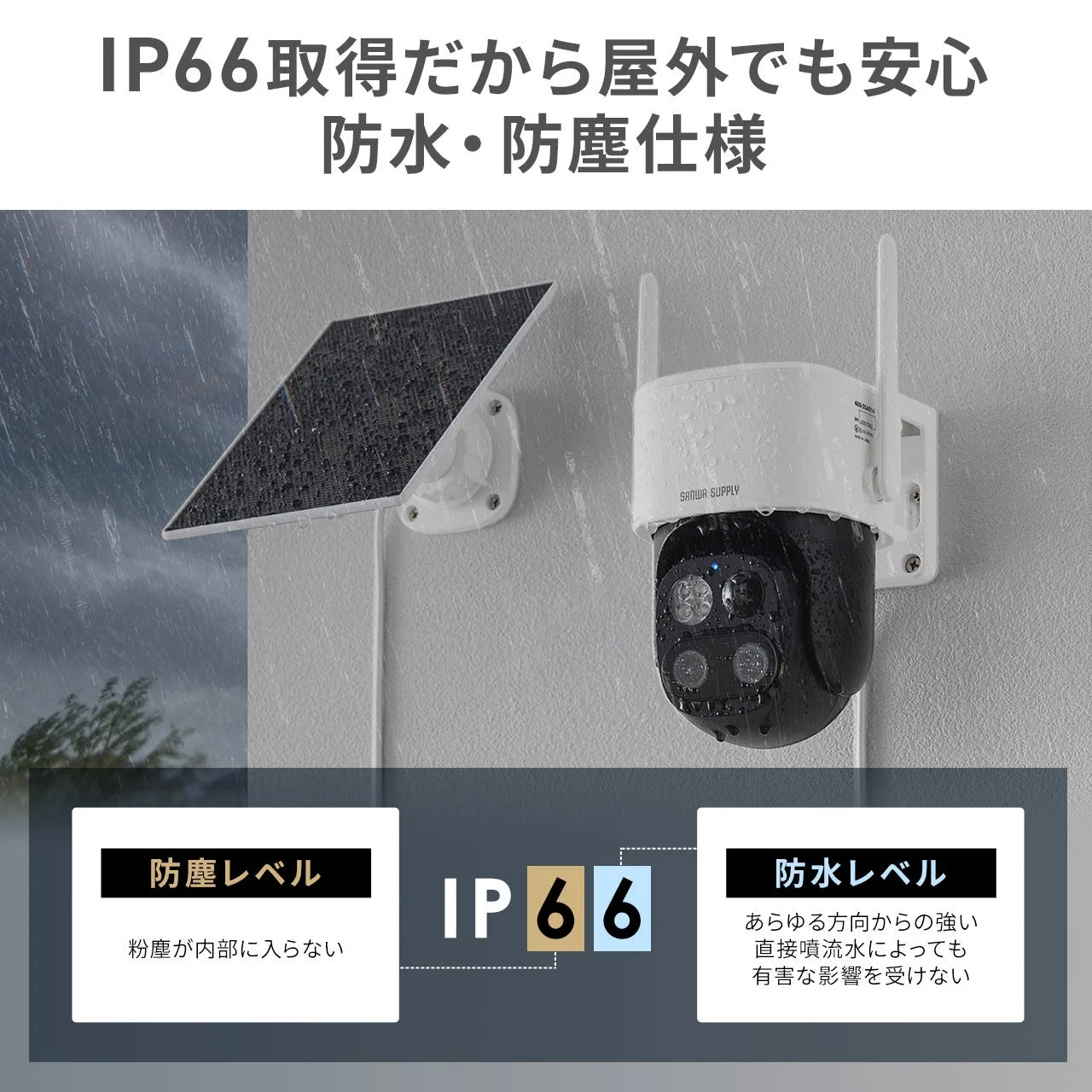 400-SSA014のIP66防水・防塵性能を示す屋外設置イメージ