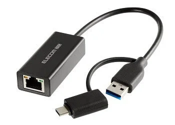 EDC-QUA3CV2-Bの本体とUSB-Aプラグ、USB Type-C変換アダプター