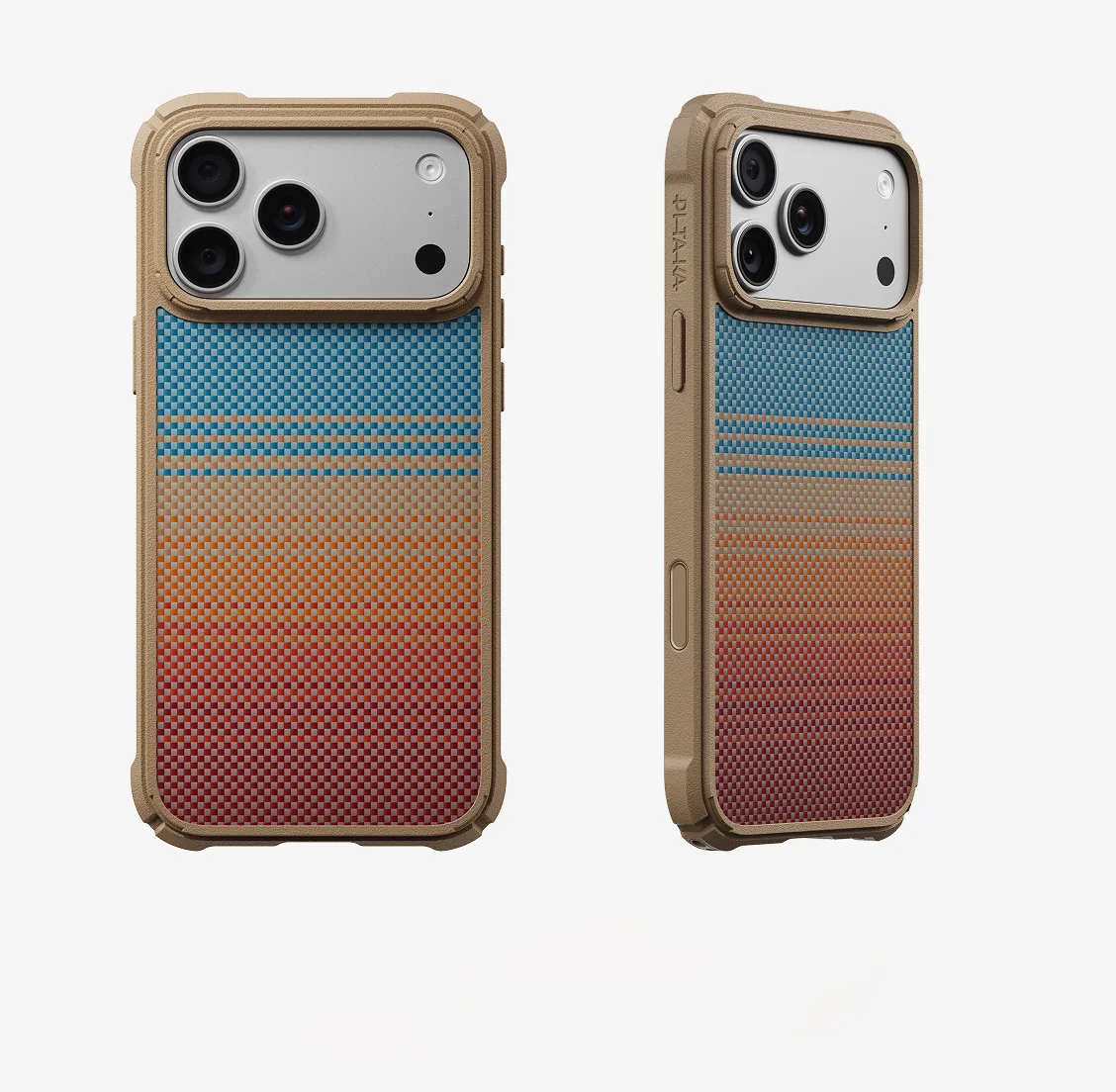 Cairn Case Sunset 2.0 California Dream-01の背面と側面。青から赤へのグラデーション柄と角の緩衝構造