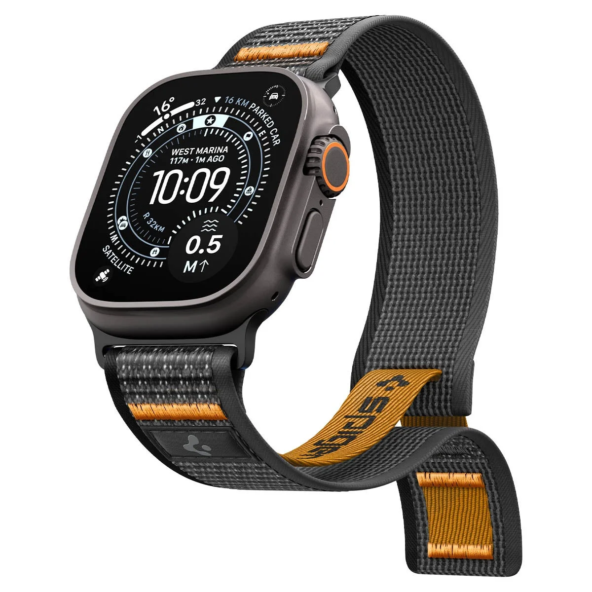 Apple Watch用アスレックス・エアの黒とオレンジのナイロンバンド装着例