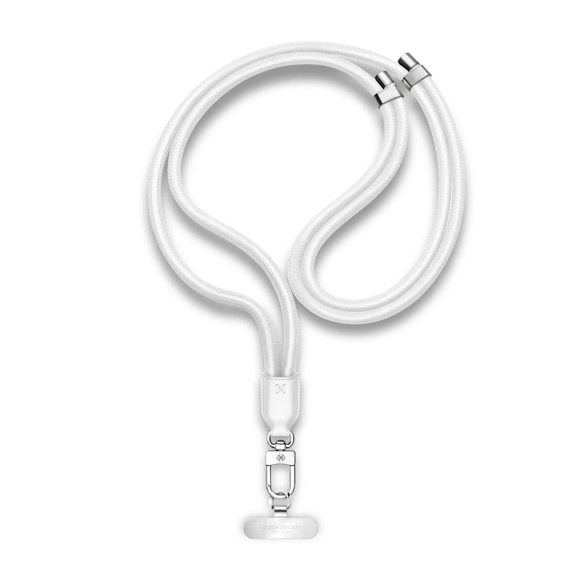 Crossbody iPhone Strapの白いストラップと金属金具