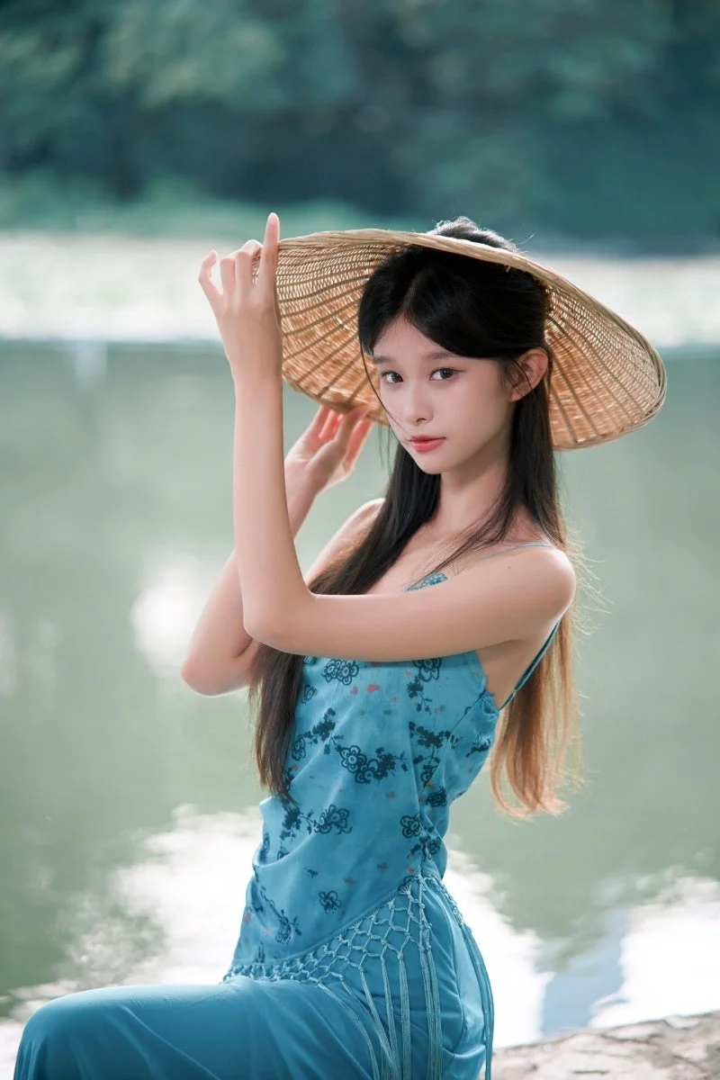 Neo AF 85mm f/1.8のサンプルフォト。水辺で麦わら帽子をかぶった女性のポートレート。