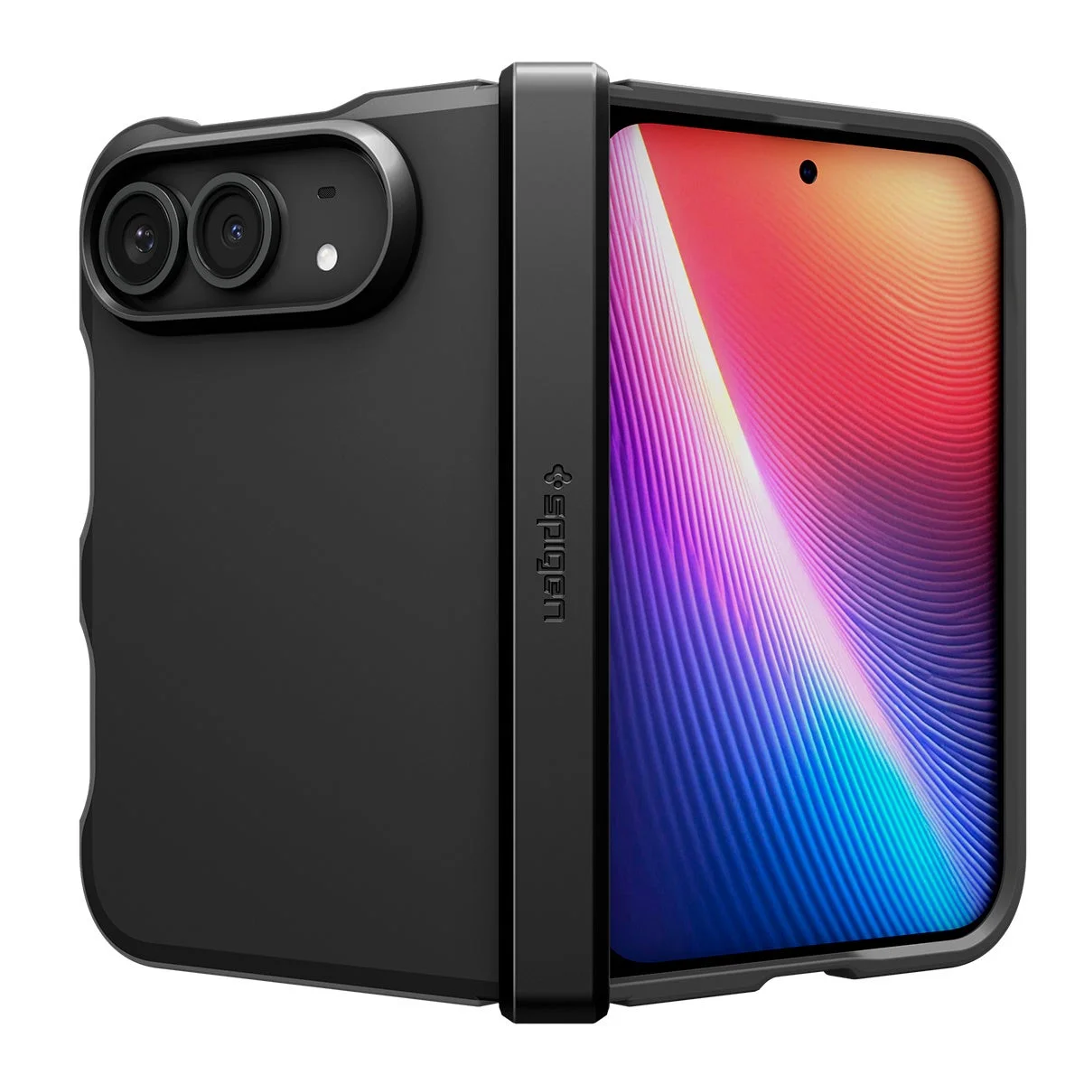 iPhone Duo用ケース「タフアーマー・プロ・マグフィット」のブラックモデル。背面カメラとヒンジ部を覆う外観。
