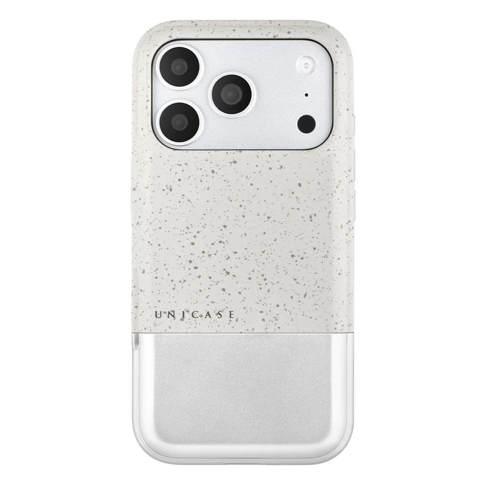 UNICASE Stone Caseの背面。石のような斑点模様の質感と下部のメタルパーツが特徴。
