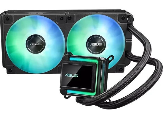 ASUS LC 240 ARGBの簡易水冷CPUクーラー。2基のARGBファンとウォーターブロックが写る