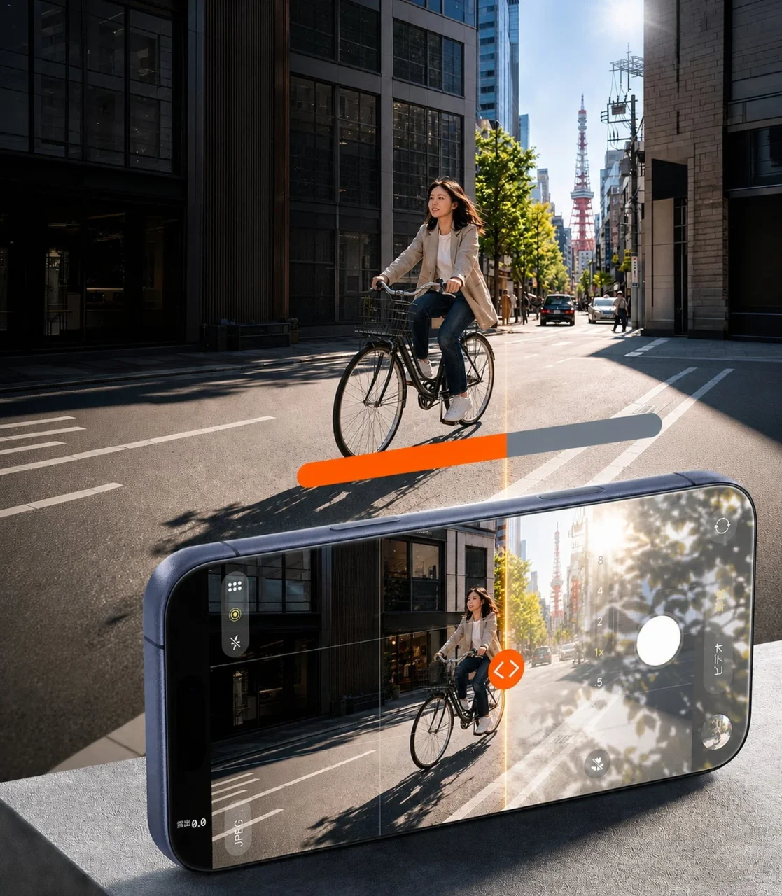 ガラスッキリ ARの屋外利用シーン。自転車に乗る人物を撮影するiPhoneの画面が映り込みを抑えて鮮