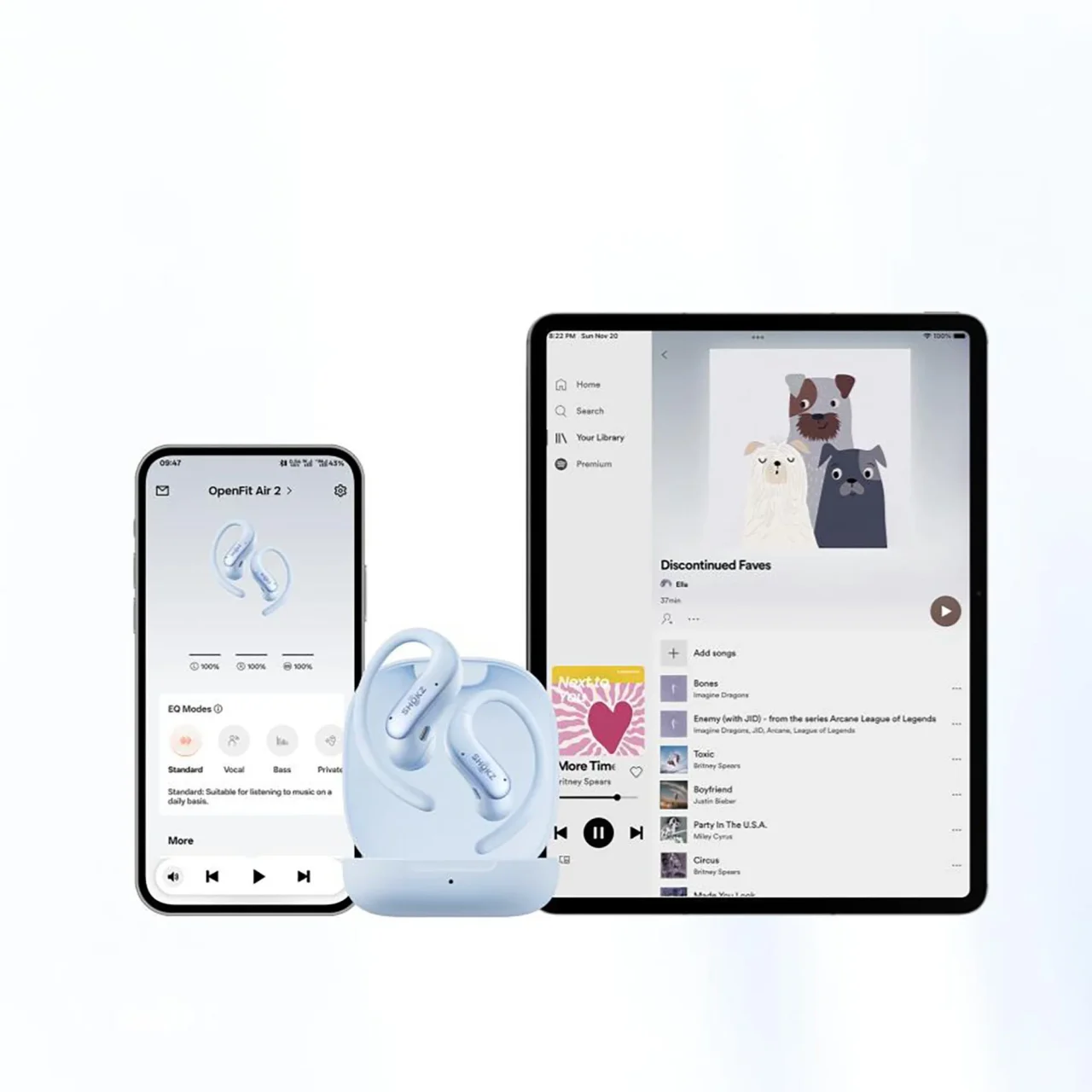 Shokz OpenFit Air 2と充電ケース、スマートフォンとタブレットの画面