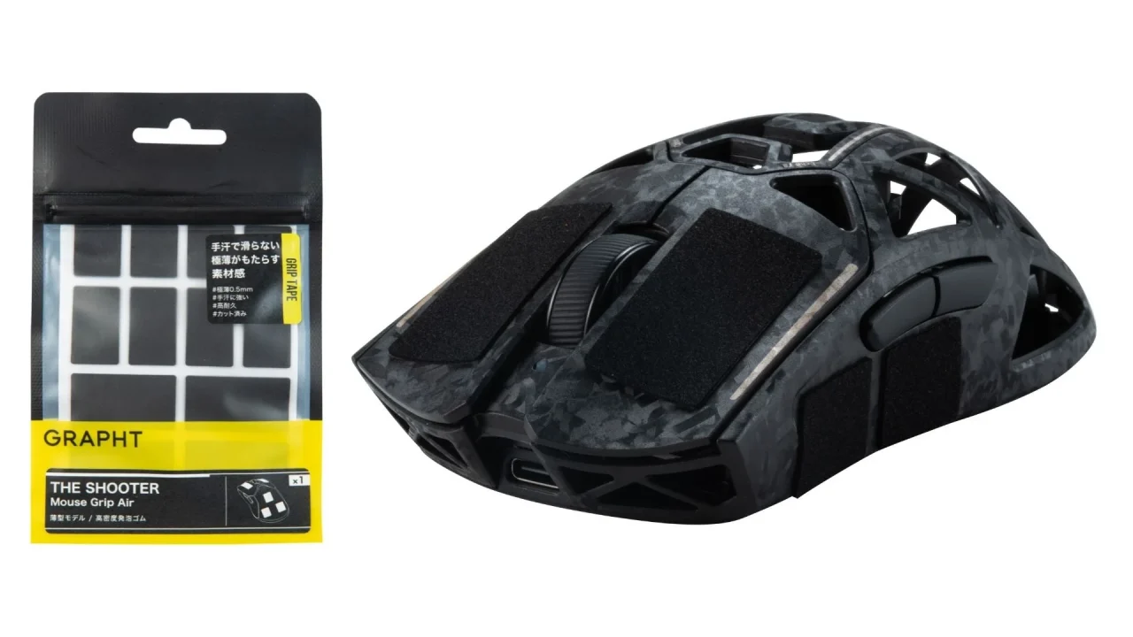 THE SHOOTER - Mouse Grip Airのパッケージと、マウスに貼付した状態