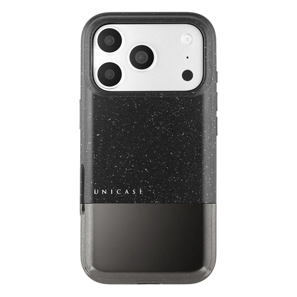UNICASE Stone Caseの背面。黒い石のような質感とメタルパーツのコントラスト。