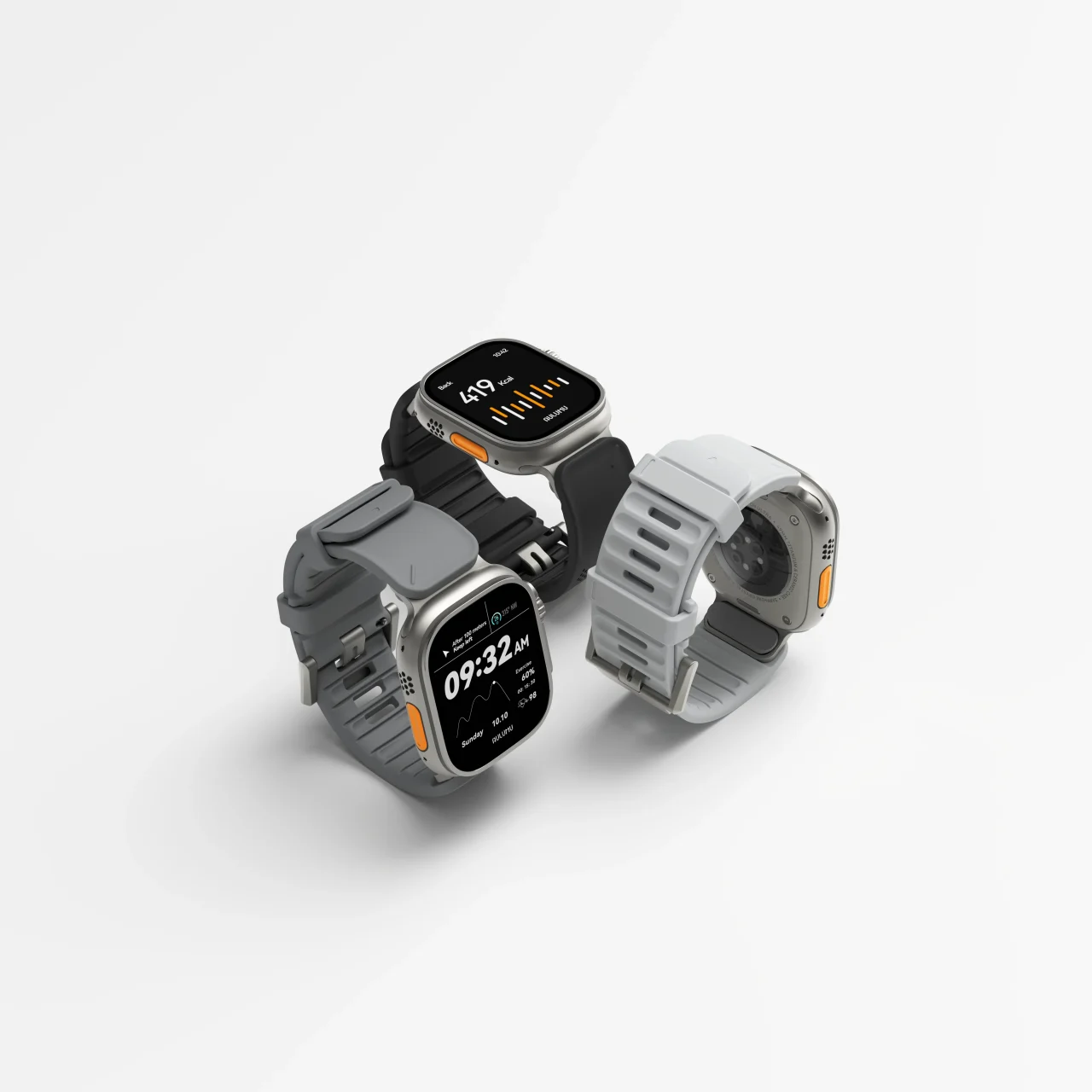 C05 FKMウォッチバンドの26mm幅ワイドデザインを示す3色のApple Watch装着例
