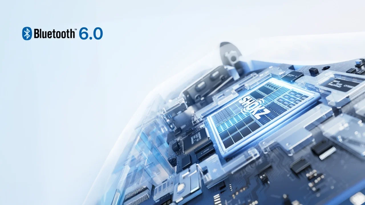 Bluetooth 6.0ロゴとSHOKZ文字のチップが載った回路基板の拡大図