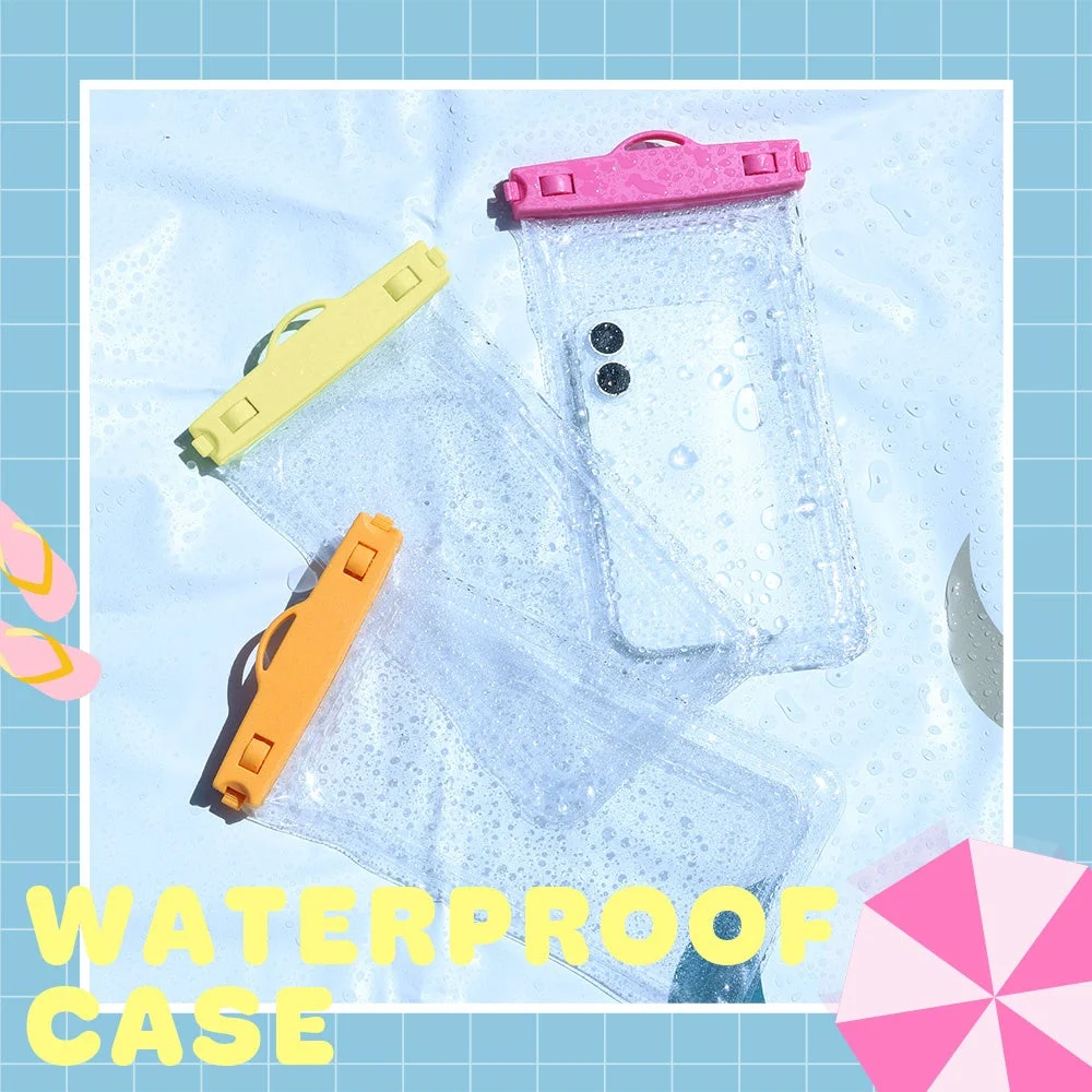 防水ケース(MOT-WPC03)のピンク・イエロー・オレンジ3色を水面上で並べた写真