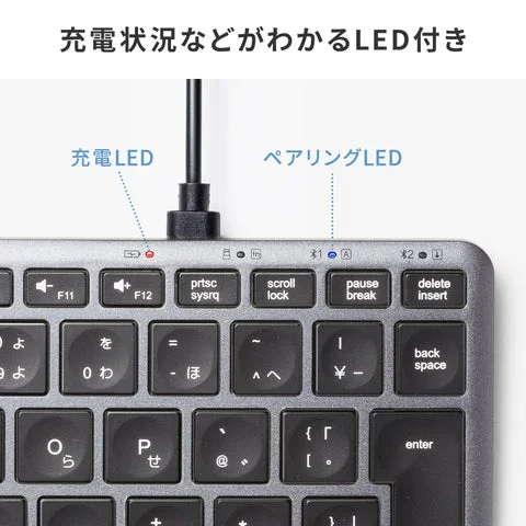 キーボード上部の充電LEDとペアリングLEDの拡大