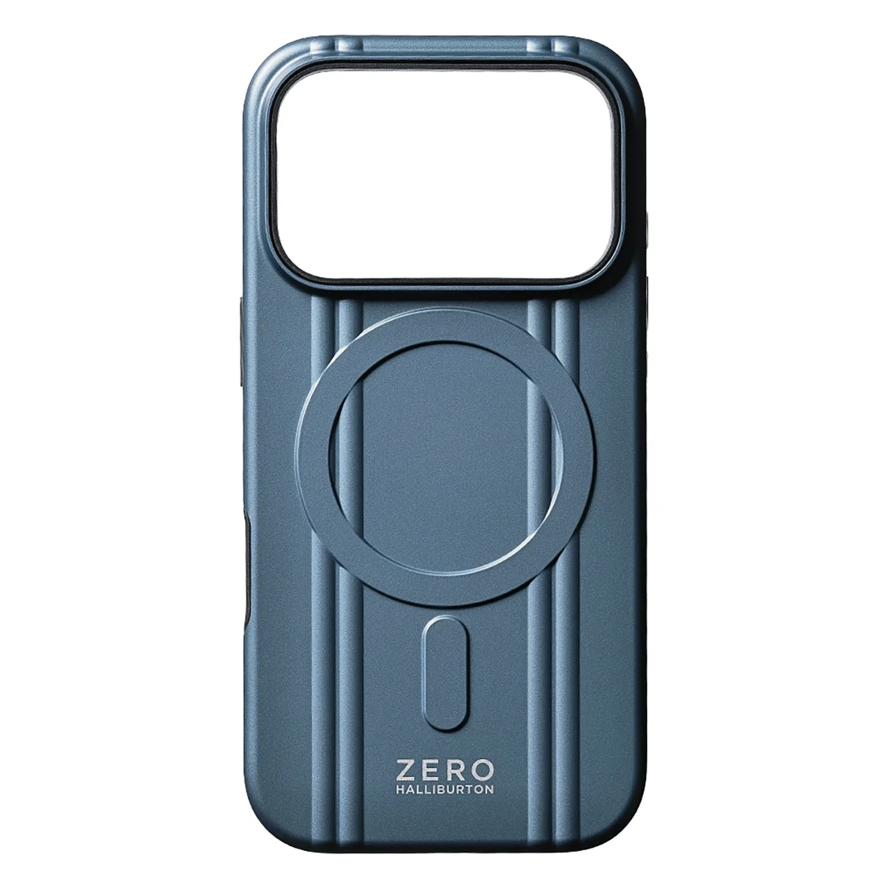 ZERO HALLIBURTON Hybrid Shockproof Case Steel Blueの背面。ダブルリブとMagSafeリング、ロゴが確認できる。