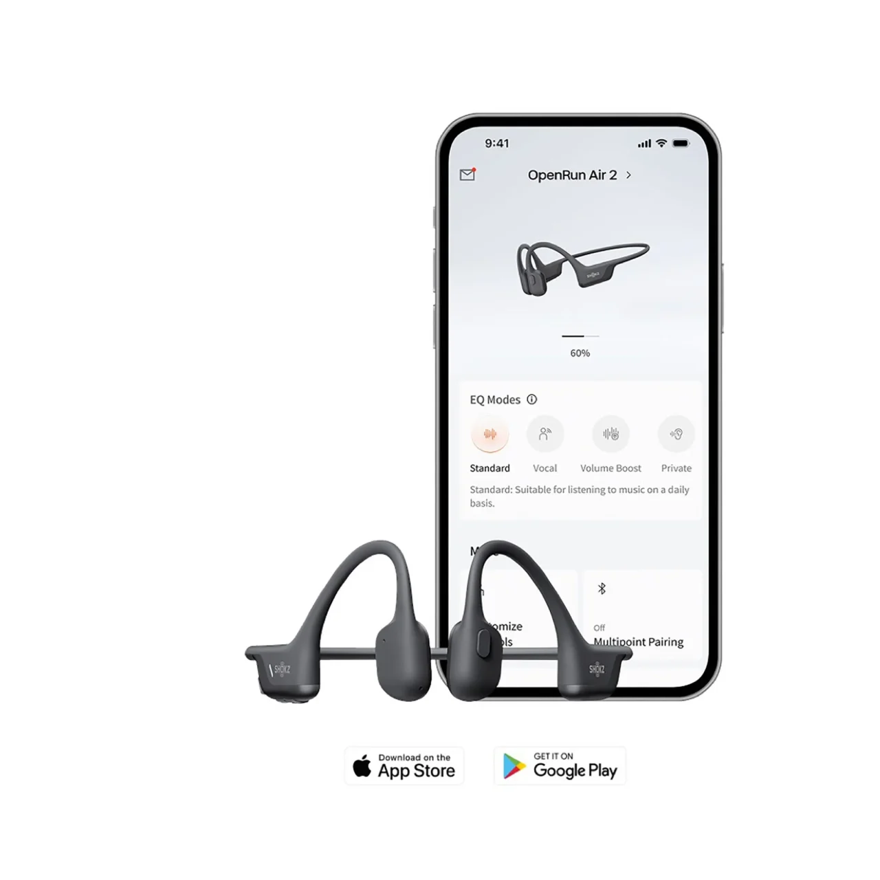 Shokzアプリの画面とOpenRun Air 2のイヤホン