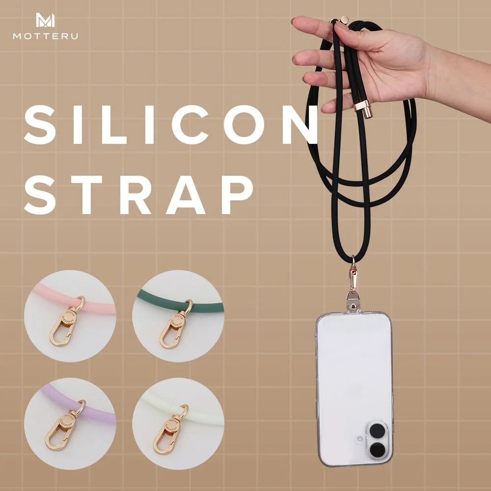 MOTTERUのストラップ(MOT-STRAP01)の告知画像。黒いシリコンストラップとスマホ、カラーバリエーションが写る。