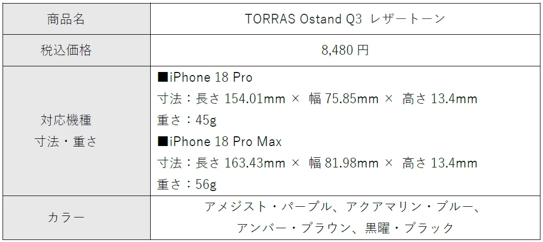 TORRAS Ostand Q3 レザートーンの製品仕様表