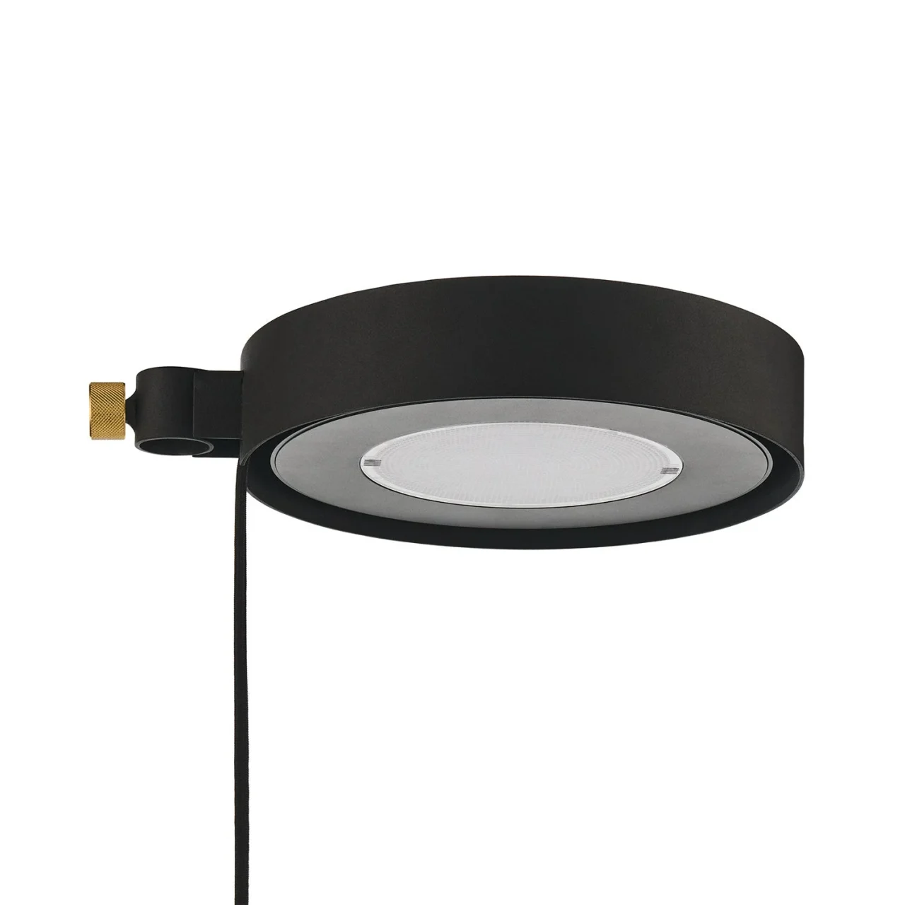 Tray Light(トレイライト)D-TL-BKの黒い円形ライトと金具部分