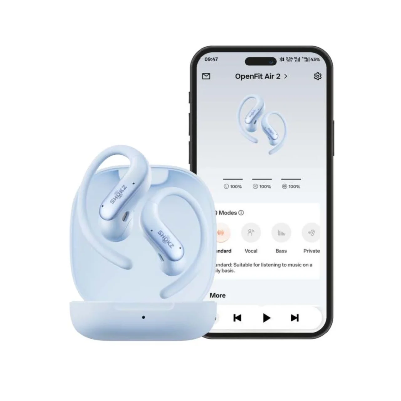 Shokz OpenFit Air 2のイヤホンと充電ケース、アプリ画面