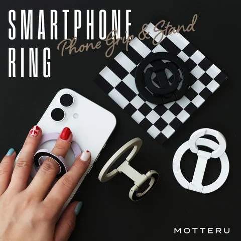 スマホリングスタンドMOT-SRING02の装着例と複数カラーの製品写真