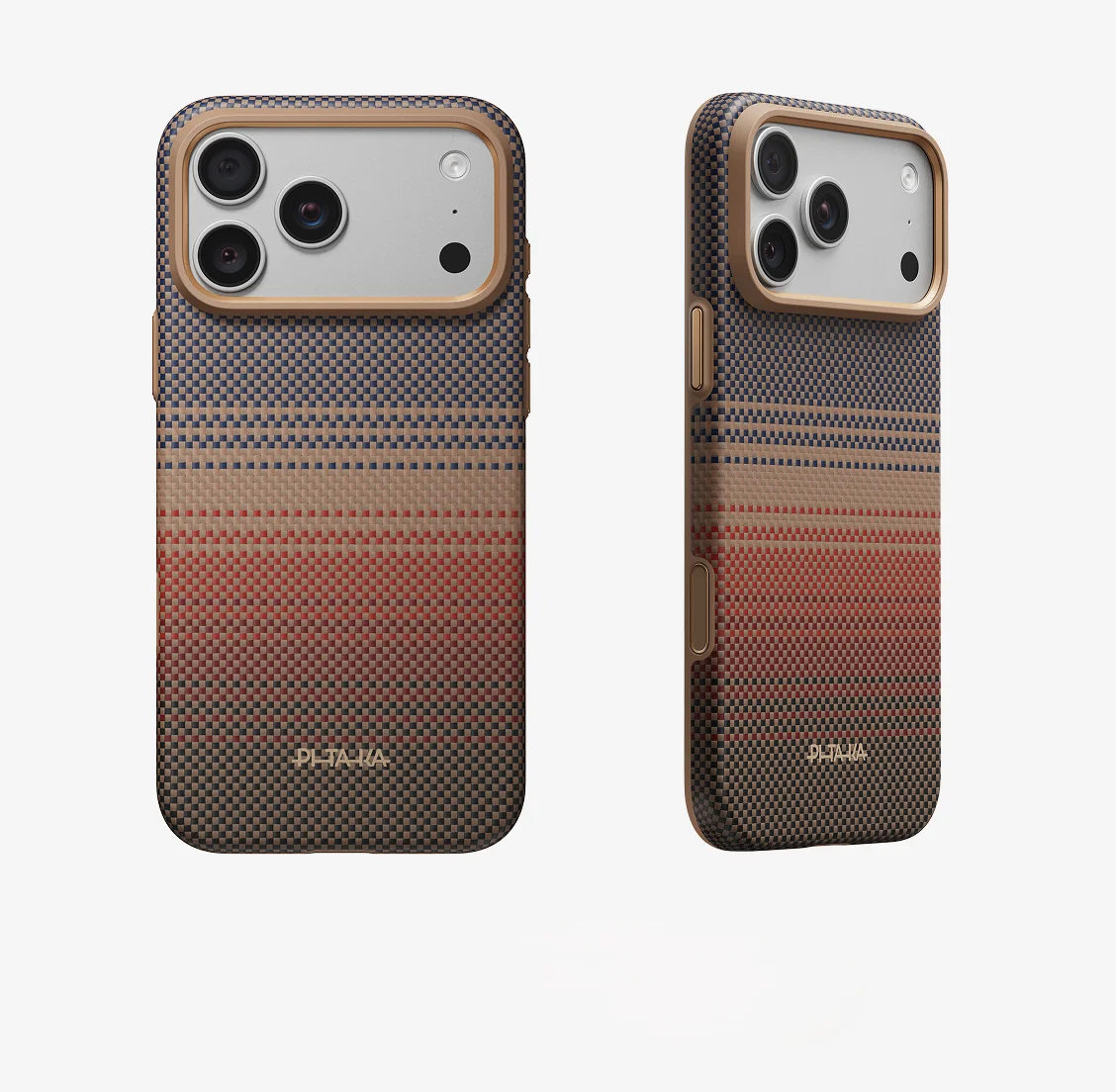 Summa Case Sunsetカラーの背面と側面。赤茶系グラデーションのアラミド繊維柄