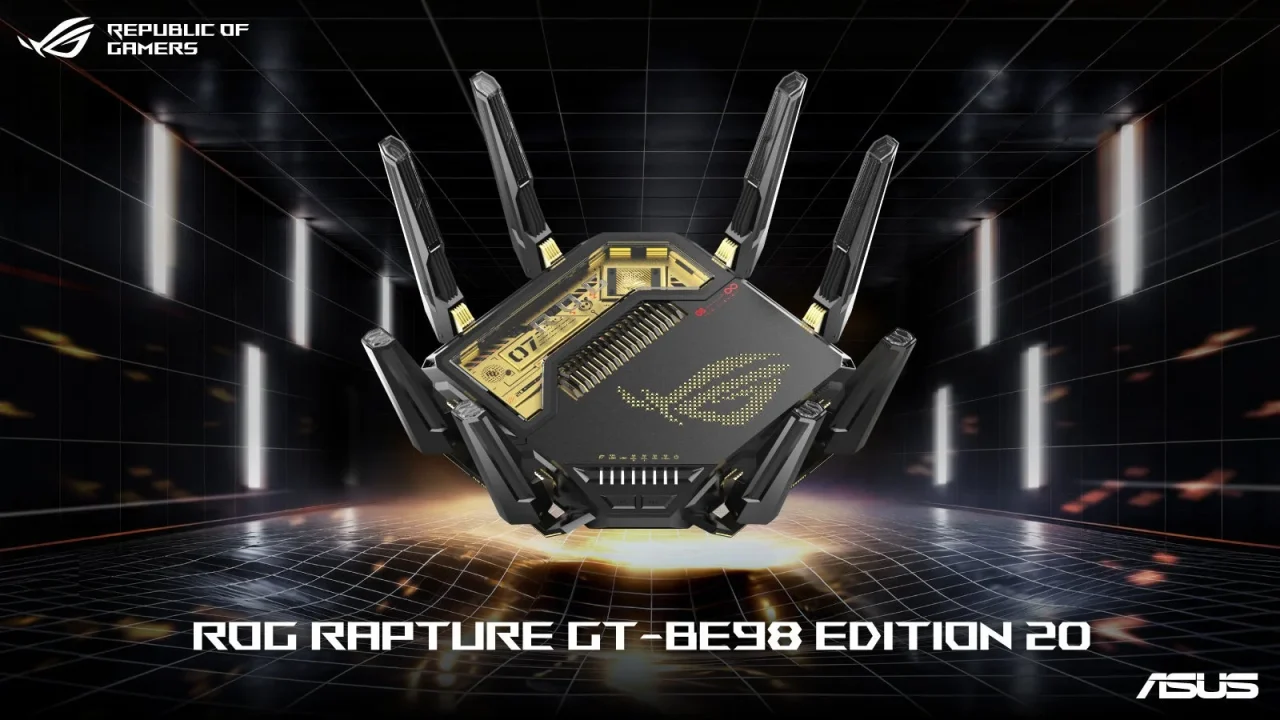 ROG Rapture GT-BE98 Edition 20の黒とゴールドのルーター