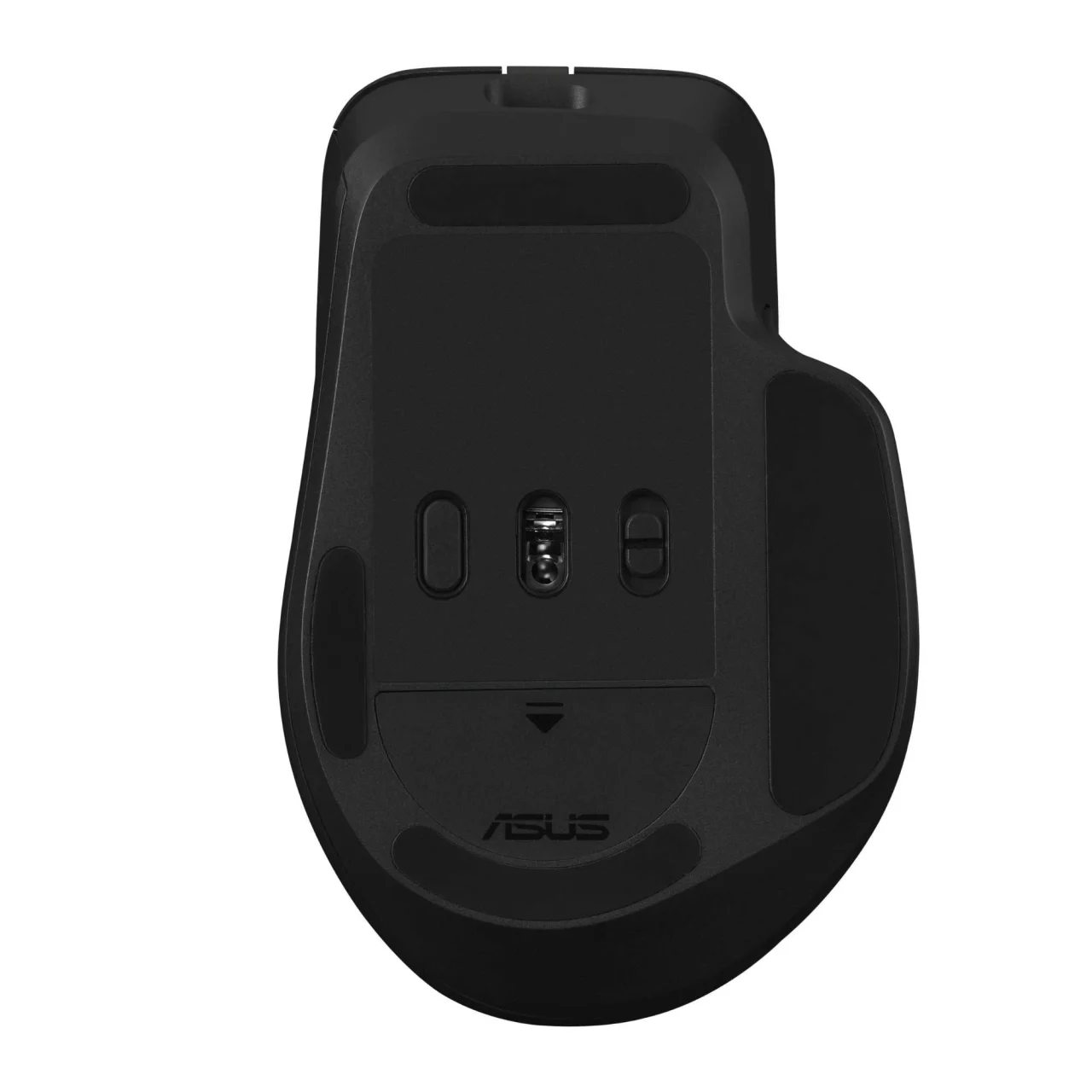 ProArt Mouse MD301の底面。ASUSロゴと光学センサー、スイッチが確認できる。