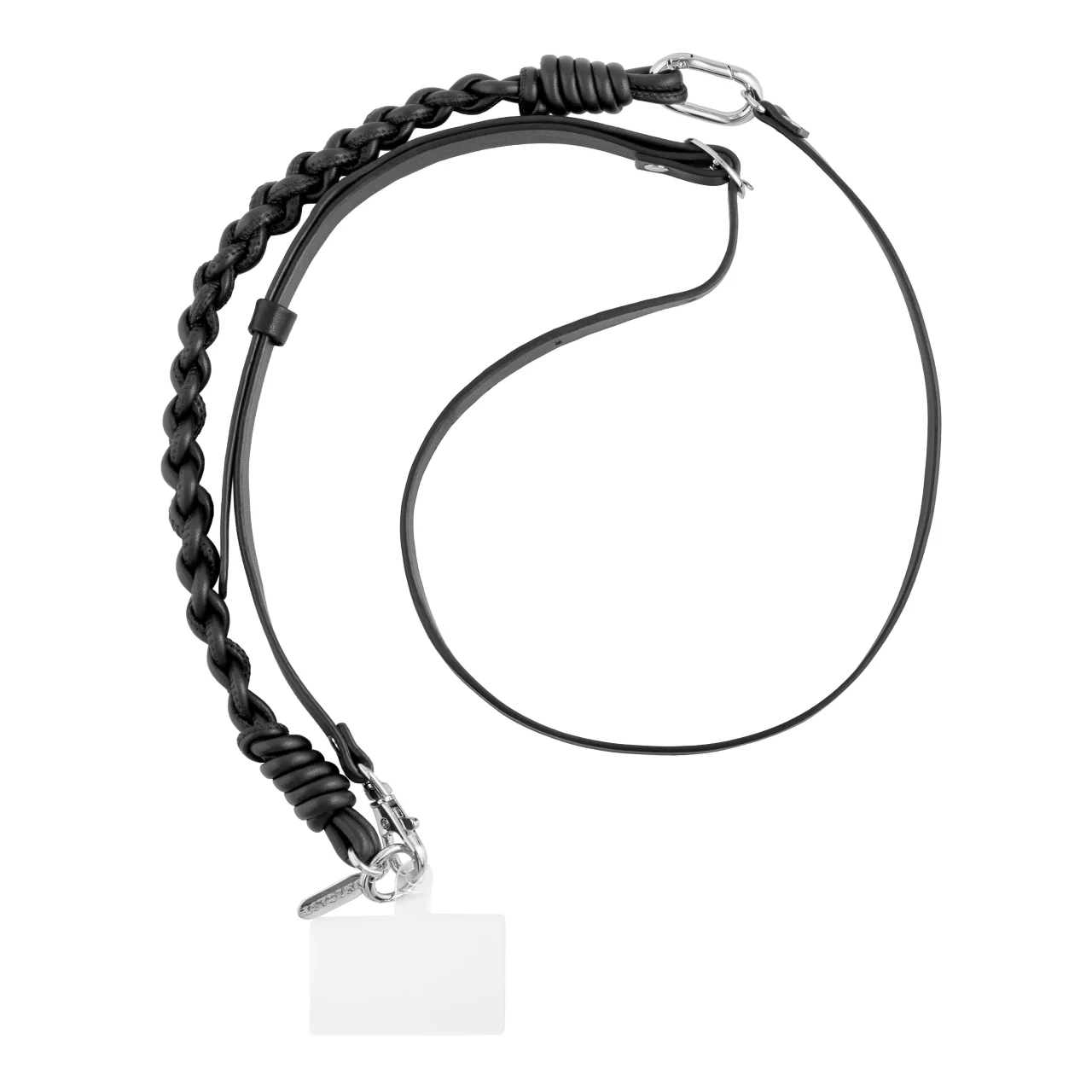 Stone 2Way Strapのブラック。編み込みと平紐のストラップ、金属金具、白いタグが写る。
