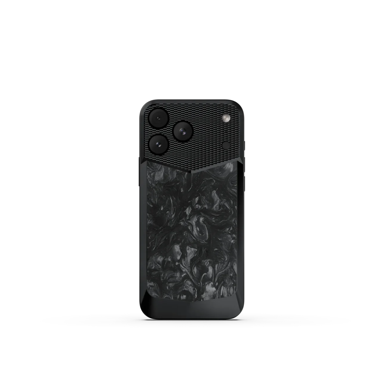 EV18 - MAGNETIC SHIELD CARBONの背面。上部にメタルフレーム、下部に黒いカーボン素材のiPhoneケース