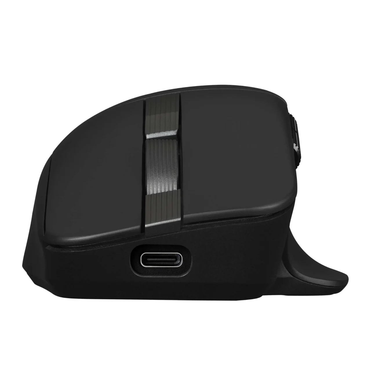 ProArt Mouse MD301の前面。黒い本体にUSB-Cポートとホイールが確認できる。