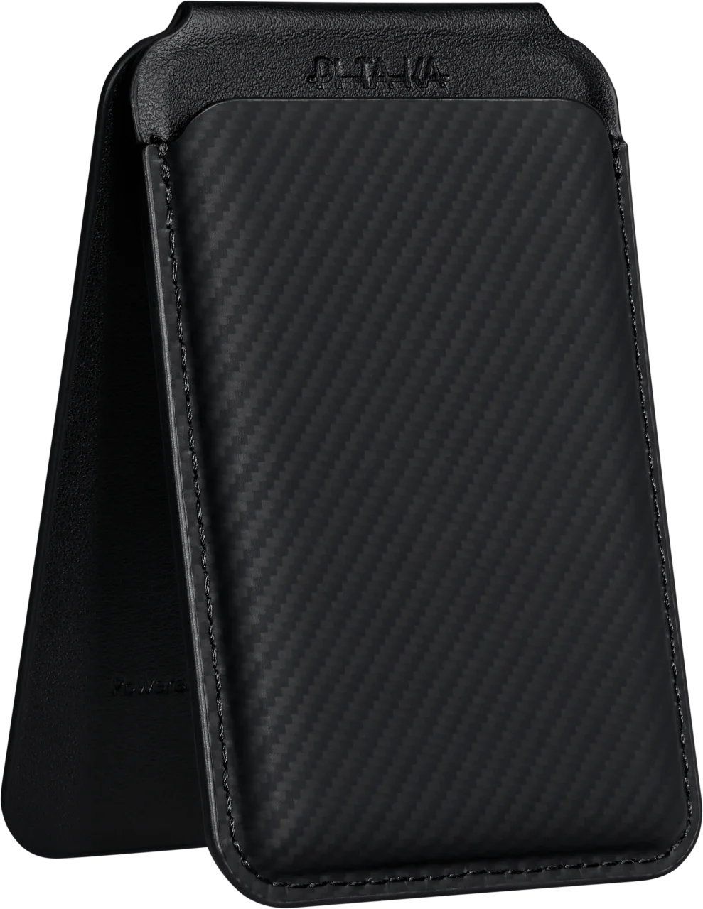 Magnetic Stand Woven Walletの二つ折り構造とスタンド機能を示す画像