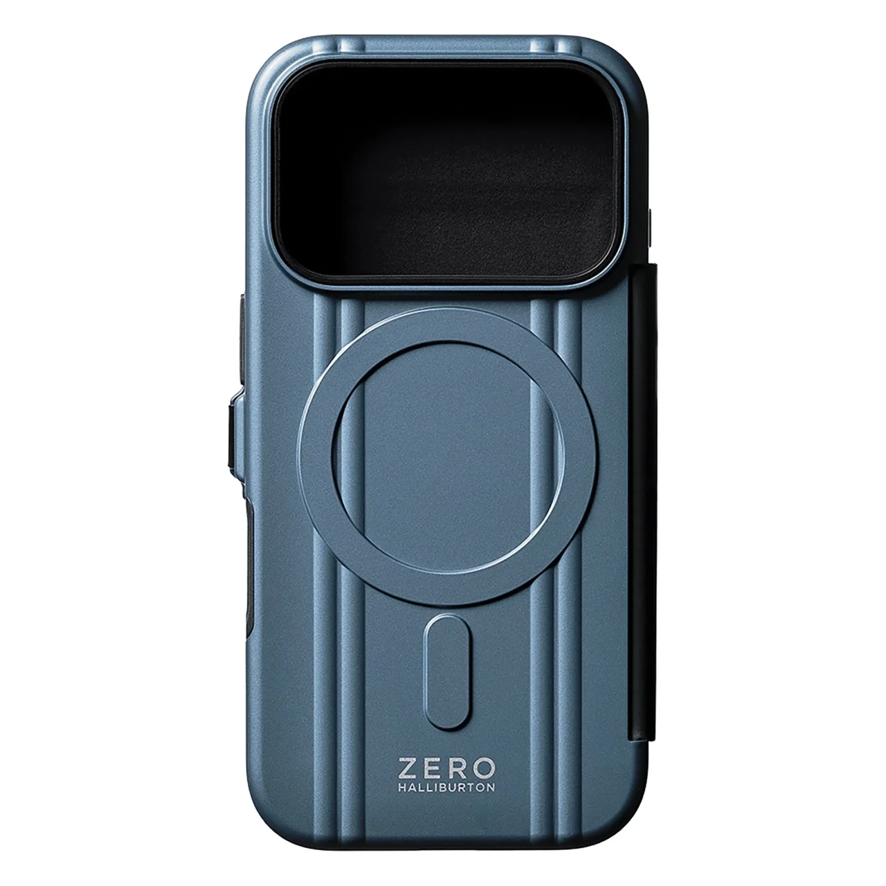 ZERO HALLIBURTON Hybrid Shockproof Flip Case Steel Blueの背面。ダブルリブとMagSafeリング、ロゴが写