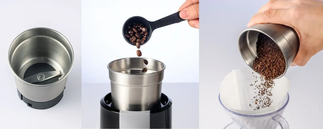 コーヒーミルのホッパーに豆を入れ、挽いた粉をドリッパーに移す様子