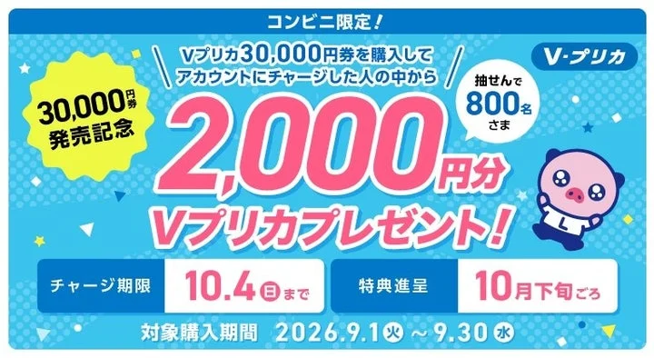 Vプリカ30,000円券購入とチャージで2,000円分が当たるキャンペーン告知画像