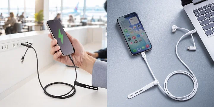 USB-Cケーブルをスマホに接続して充電する様子と、製品全体の形状