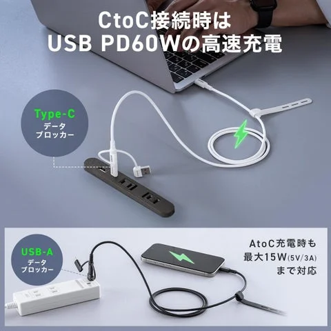 PD60W充電と最大15W充電を行う接続イメージ