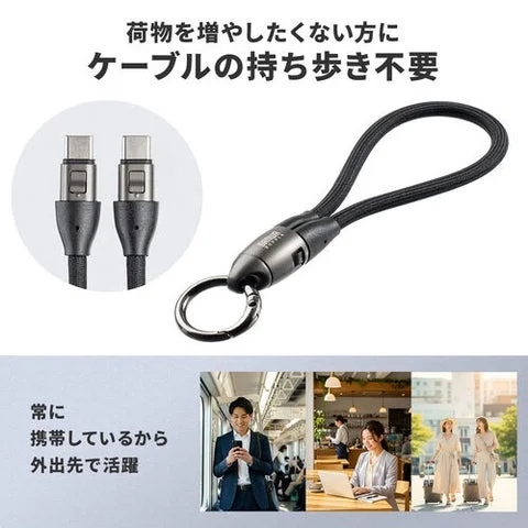 ストラップ型USBケーブルと、外出先でスマホを充電する人々の様子